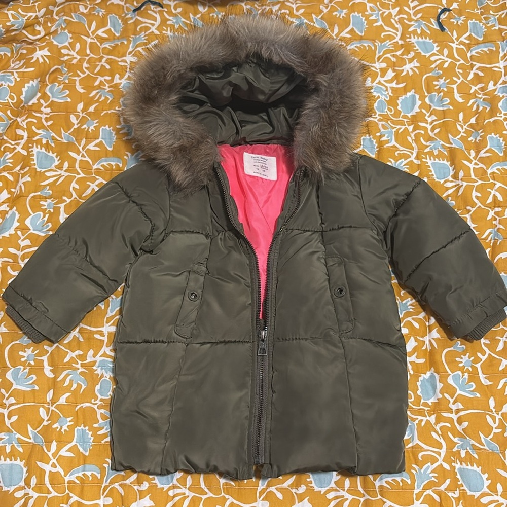 Zara Kids Olive Green Puffer Jacket with Detachable Faux Fur Hood 18-24 toddler